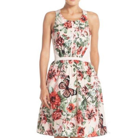 Adrianna Papell Pink Fit & Flare Dress 14 Floral Butterfly Cocktail Party - Picture 1 of 9